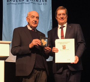 Kammerpräsident Schindler (links) übergab die Goldene Ehrennadel an Eberhard Hartelt.