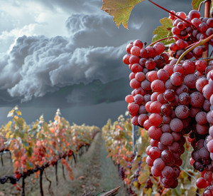 Weinberge und eine Traube im Vordergrund mit dunklen Wolken