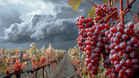 Weinberge und eine Traube im Vordergrund mit dunklen Wolken